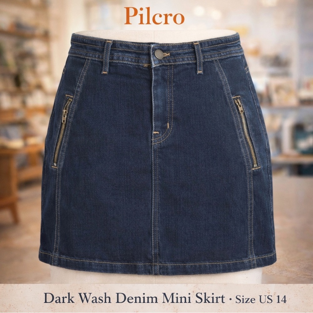 Pilcro Denim Mini Skirt US 14 Dark Wash Zip Pocket Stretch Anthropologie